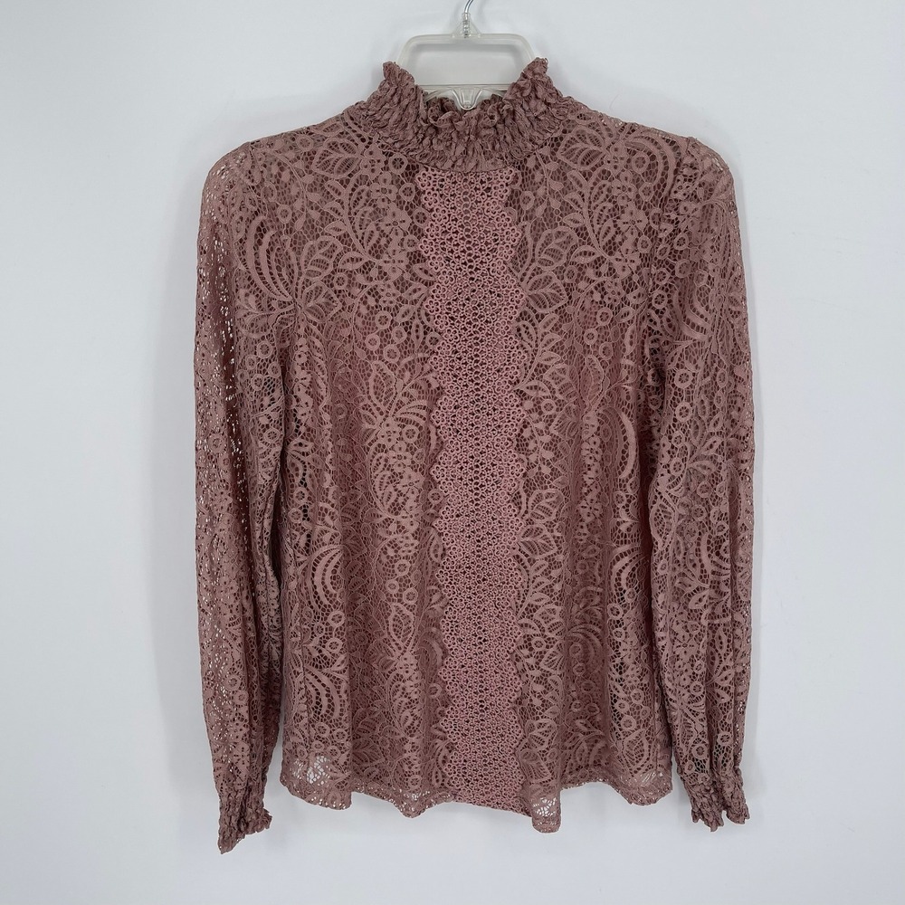 Cable & Gauge Women's Mauve Lace Smocked Mock Neck Blouse Size Medium